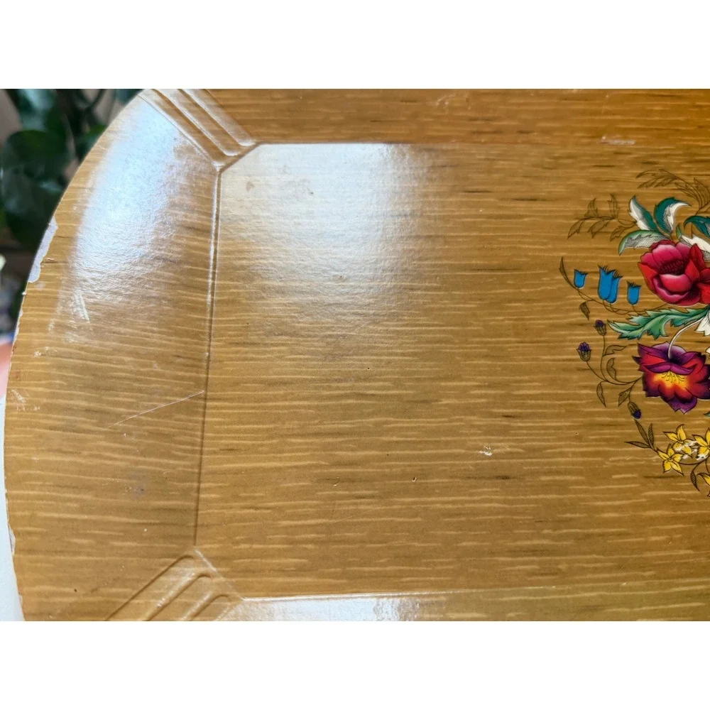 Vintage Hasko De Luxe Lap Tray Mid Century Faux Wood Floral Lithograph MCM 16x8